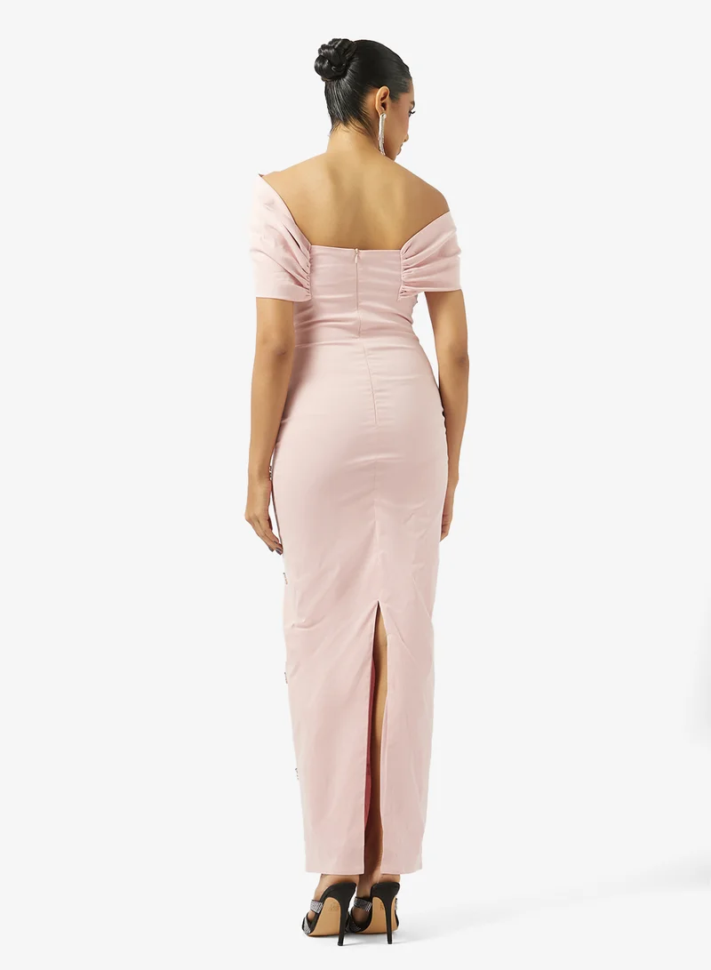 Akadia Fashion OFF SHOULDER SCATTERED CRYSTALS TAFFETA DRESS